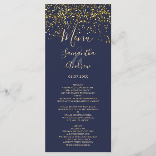 Chic gold confetti navy blue wedding menu