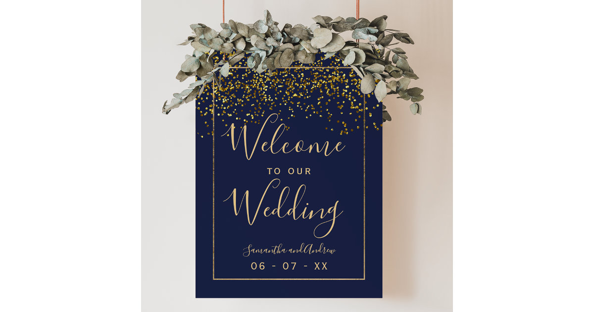 Chic gold confetti navy blue wedding welcome poster | Zazzle