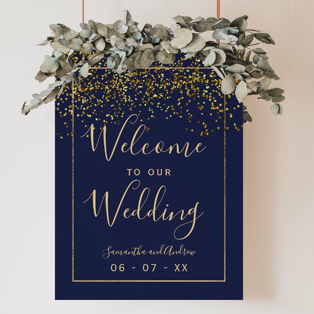 Chic gold confetti navy blue wedding welcome poster (Chic gold confetti navy blue wedding welcome poster)