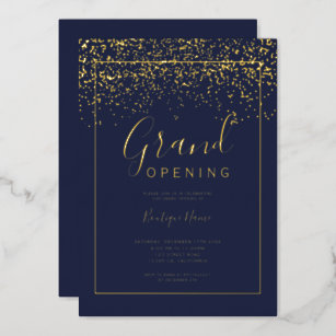 Chic gold confetti navy typography grand opening foil invitation