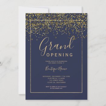 Chic Gold Confetti Navy Typography Grand Opening Invitation by girly_trend at Zazzle