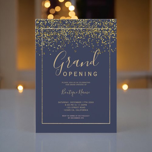 Chic gold confetti navy typography grand opening invitation