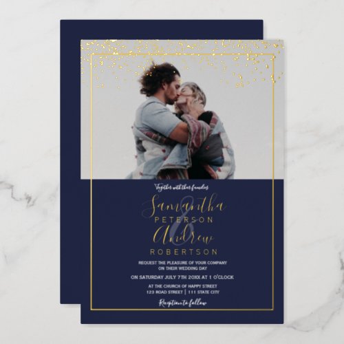 Chic gold confetti navy typography photo wedding foil invitation
