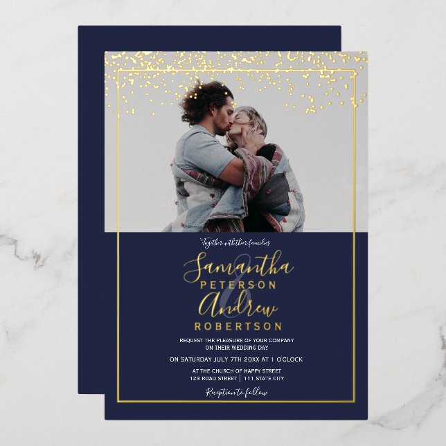 Chic gold confetti navy typography photo wedding foil invitation (Front/Back)