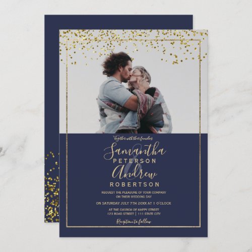 Chic gold confetti navy typography photo wedding invitation