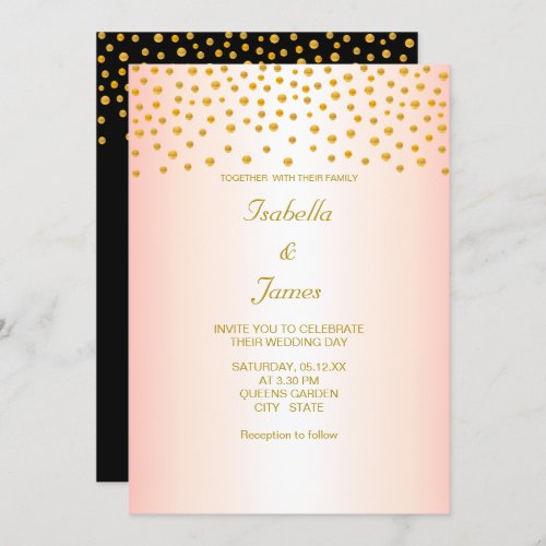 Chic Gold Confetti on Black  Rose Gold Invitation