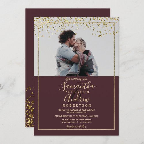 Chic gold confetti red typography photo wedding invitation