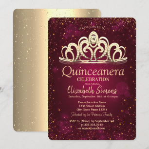 Chic Gold Confetti Tiara Burgundy Quinceañera Invitation