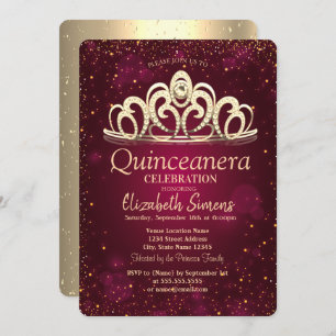 Chic Gold Confetti Tiara Burgundy Quinceañera Invitation