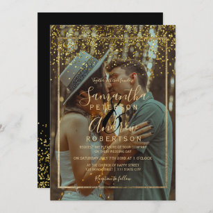 Chic gold confetti typography photo wedding invitation