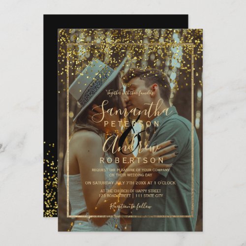 Chic gold confetti typography photo wedding invitation