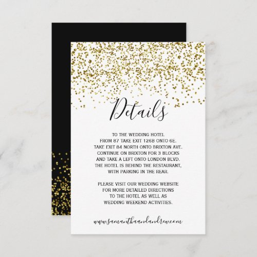 Chic gold confetti white typography details enclosure card