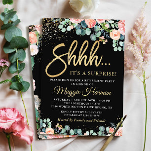 Chic Gold Coral Floral Surprise Retirement Party Invitation