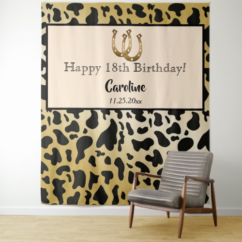 Chic Gold Cow Spots  Gold Horseshoe Birthday Tapestry