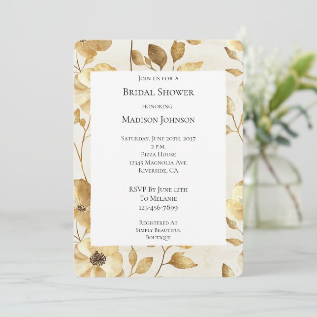 Chic Gold Cream Floral Bridal Shower Invitation (Standing Front)