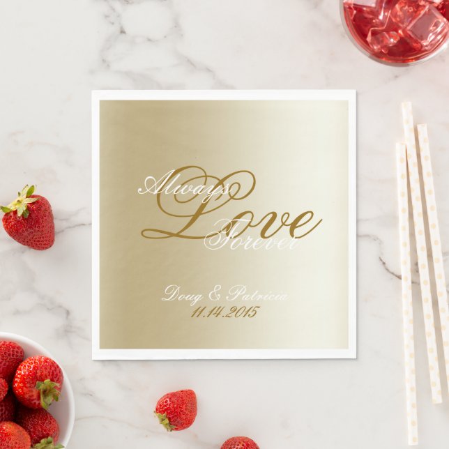 Chic Gold Cream Love Always Wedding Napkins (Insitu)