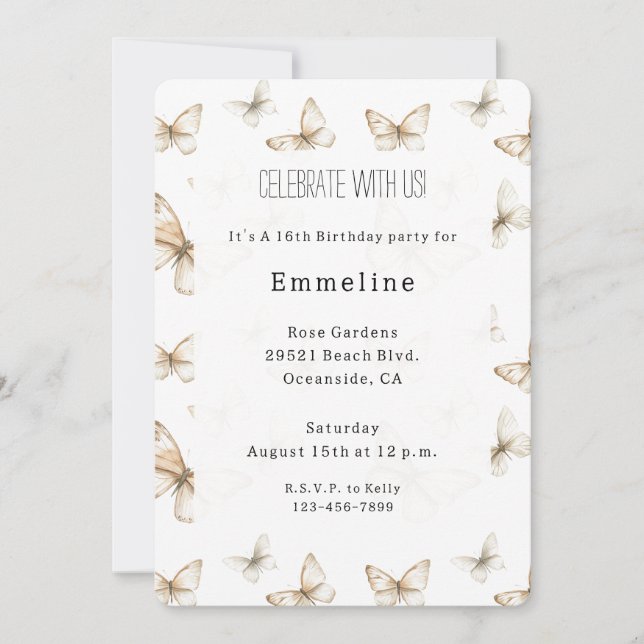 Chic Gold Cream White Butterflies Birthday Invitation (Front)