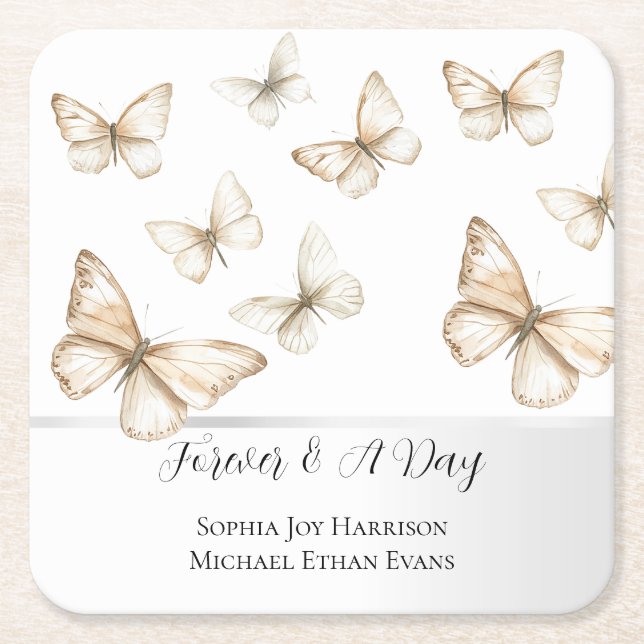 Chic Gold Cream White Butterflies Wedding  Square Paper Coaster (Front)