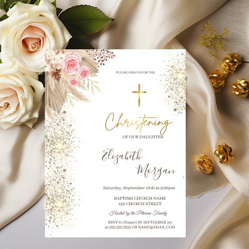 Chic Gold Cross Baptism Gold Glitter Boho Flowers Invitation