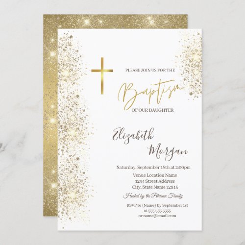 Chic Gold Cross Baptism Gold Glitter Confetti Invitation