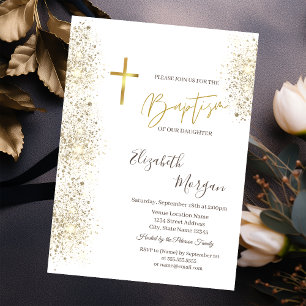 Chic Gold Cross Baptism Gold Glitter Confetti Invitation
