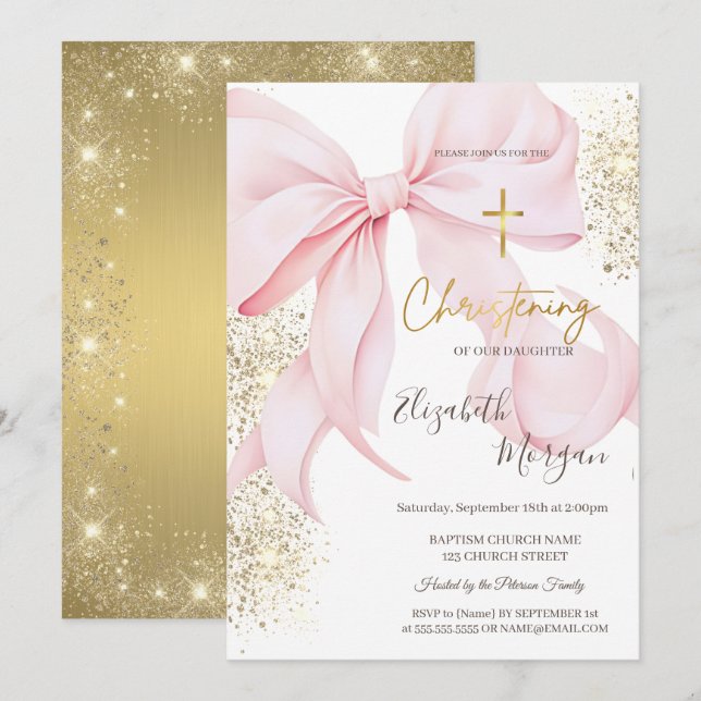Chic Gold Cross Baptism Gold Glitter Pink Bow Invitation (Front/Back)