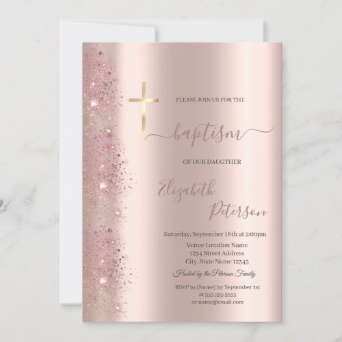 Chic Gold Cross Baptism Rose Gold Glitter Dust Invitation