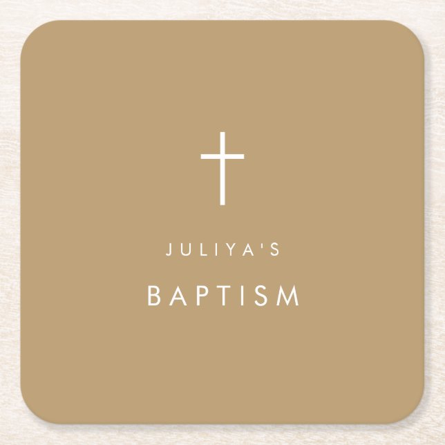 Chic Gold cross Baptism  Square Paper Coaster (Front)