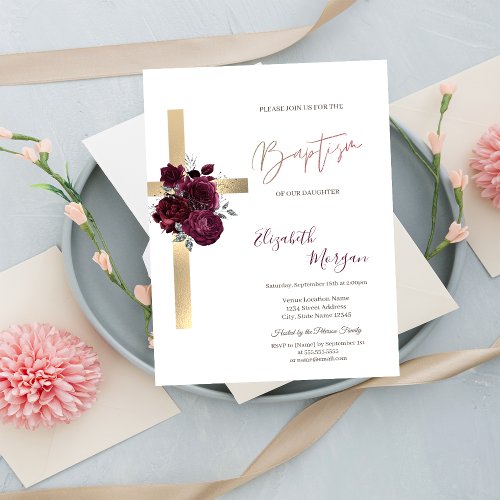 Chic Gold Cross Red Roses Baptism Glitter Confetti Invitation