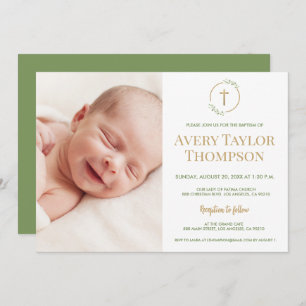 Chic Gold Cross Watercolor Custom Photo Baptism Invitation