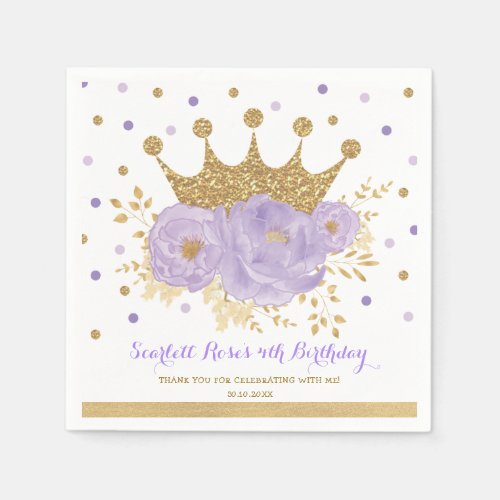 Chic Gold Crown Purple Floral Princess Birthday Napkins