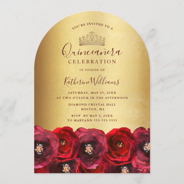Chic Gold Crown Red Rose Floral Quinceañera  Invitation (Front)