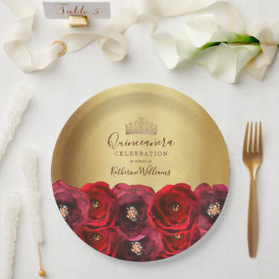 Chic Gold Crown Red Rose Floral Quinceañera Paper Plates
