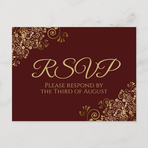 Chic Gold Curls  Swirls on Auburn Wedding RSVP Postcard