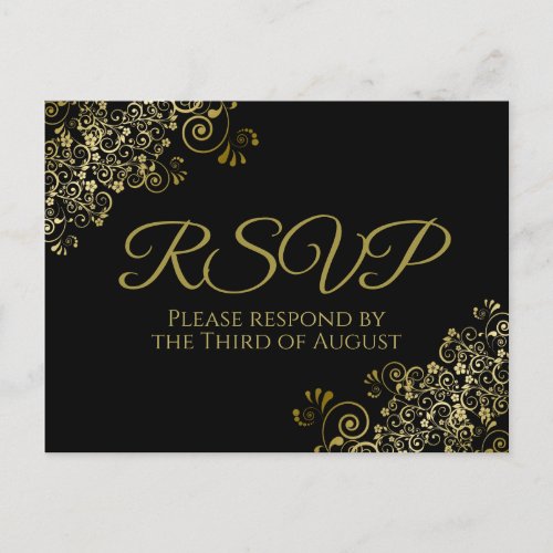 Chic Gold Curls  Swirls on Black Wedding RSVP Postcard