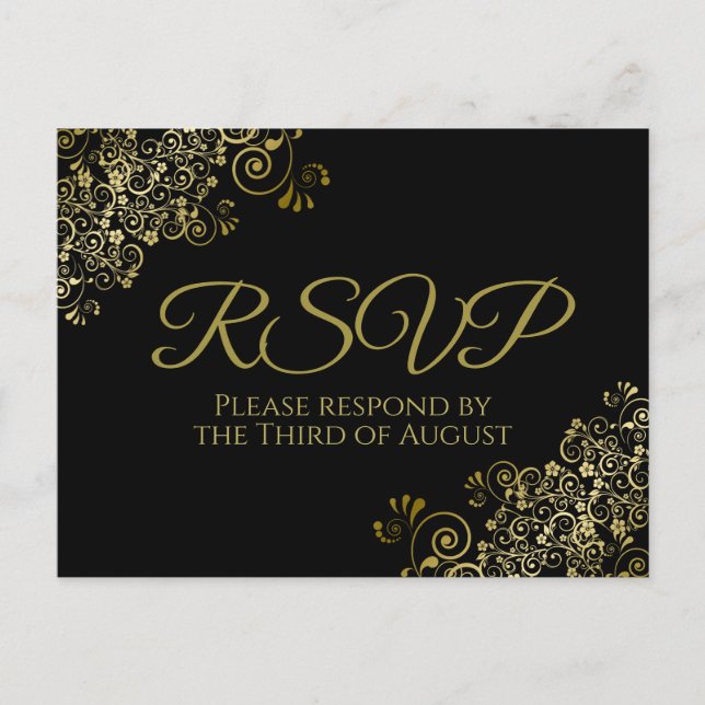 Chic Gold Curls & Swirls on Black Wedding RSVP Postcard (Front)