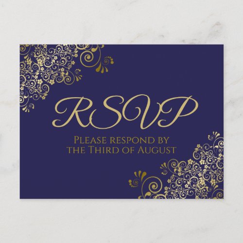 Chic Gold Curls  Swirls on Navy Wedding RSVP Postcard