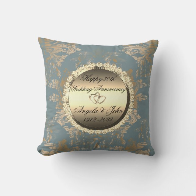 Chic Gold Damask 50th Wedding Anniversary Throw Pillow (Front)