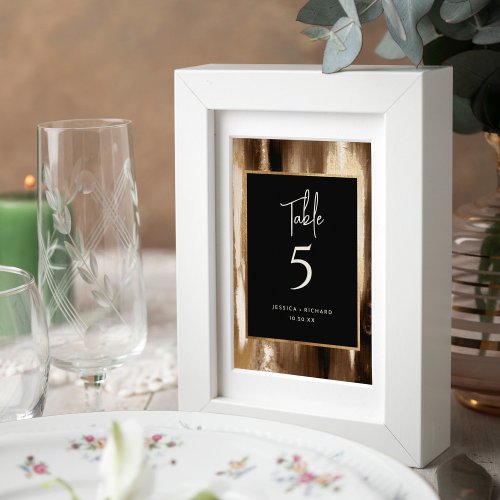 Chic Gold  Dark Abstract Watercolor Wedding Table Number