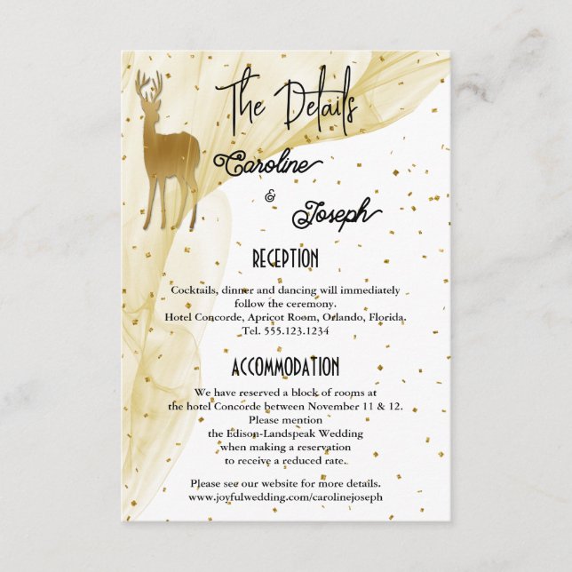 Chic Gold Deer & Confetti Wedding Details Enclosure Card (Front)