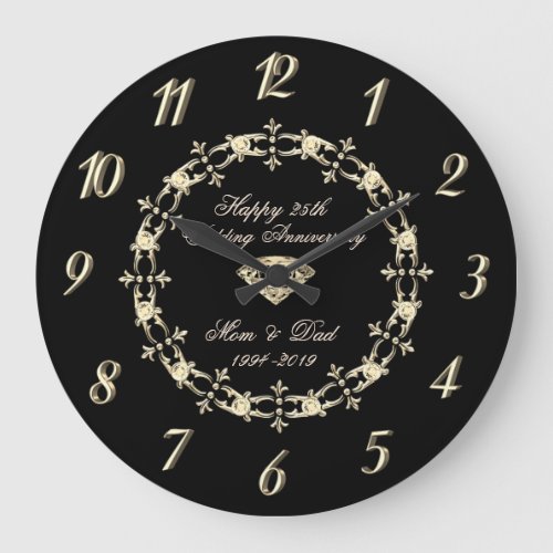 Chic Gold Diamonds 25th Wedding Anniversary Large Clock