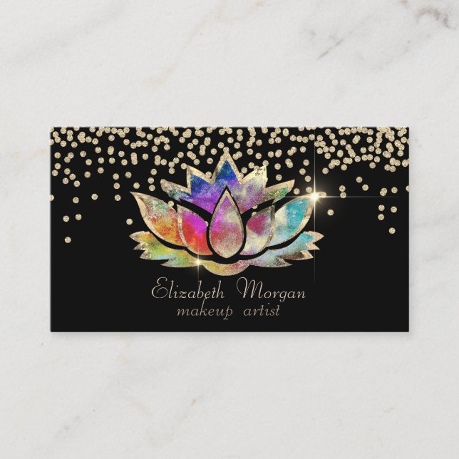 Chic Gold Diamonds Colorful Lotus Black  Business Card (Front)
