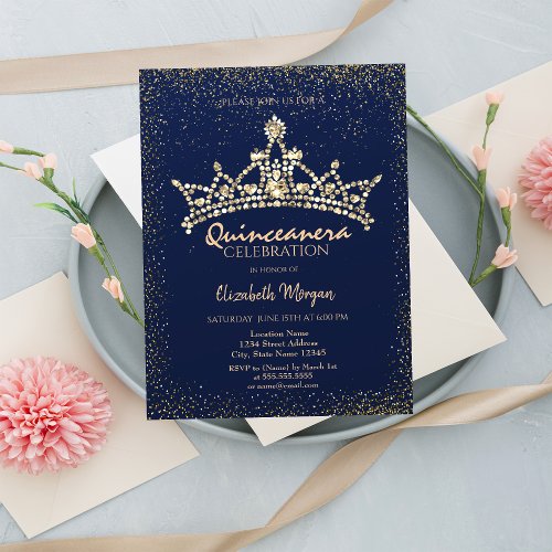 Chic Gold Diamonds Crown Navy Blue Quinceaera  Invitation