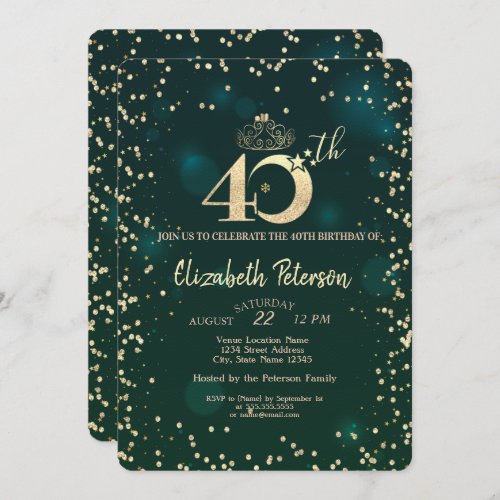 Chic Gold Diamonds Green 40th Birthday Party   Invitation