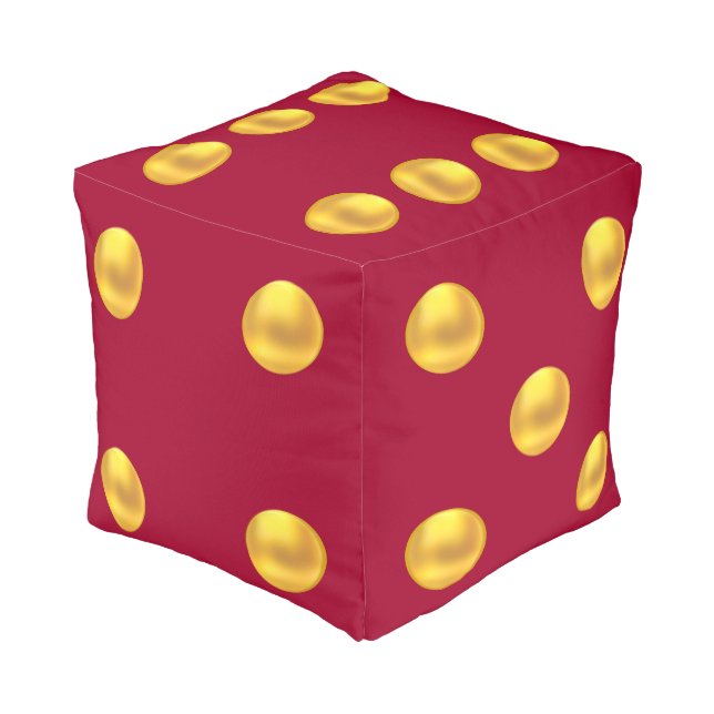 Chic Gold Dots on Burgundy Dice Cube Pouf (Angled Front)