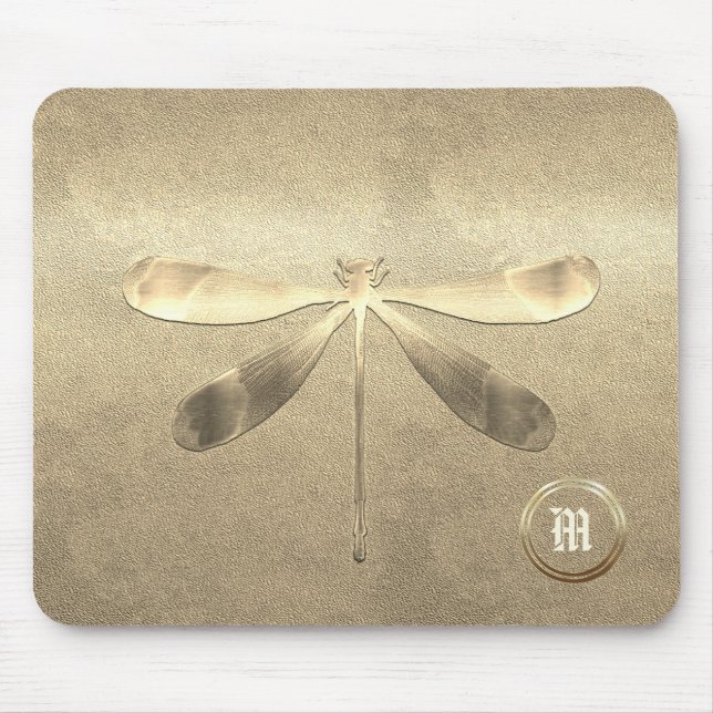 Chic Gold Dragonfly Monogrammed Mouse Pad (Front)