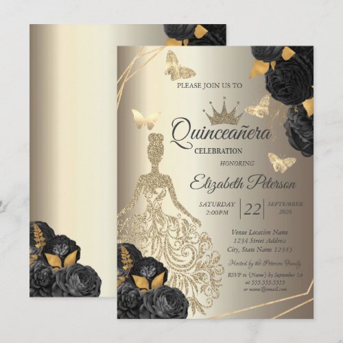 Chic Gold Dress,Butterfly Black Roses Quinceañera