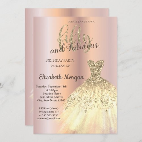 Chic Gold Dress Rose Gold 50th Birthday Party Invitation