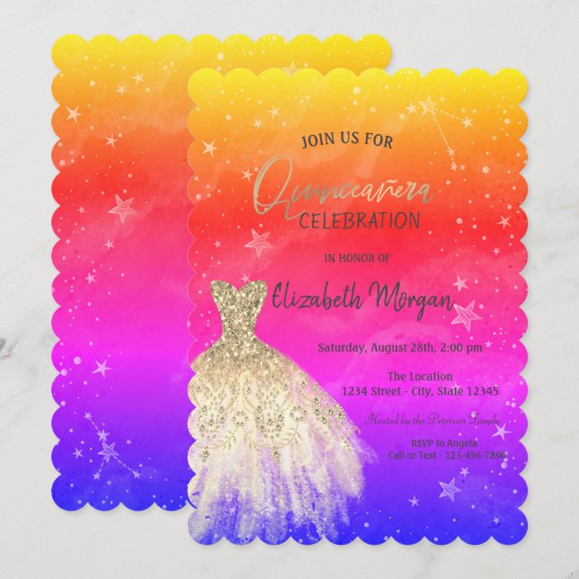 Chic Gold Dress Stars Galaxy Colorful Quinceañera Invitation (Front/Back)