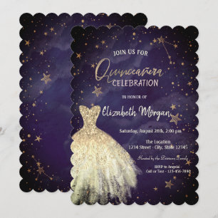 Chic Gold Dress Stars Galaxy Quinceañera Invitation